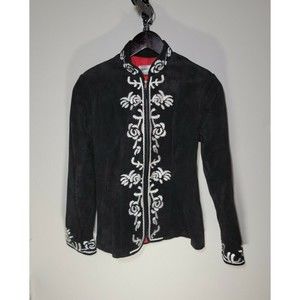 Vtg JENNI MAX NYC Size 4 Womens Black Leather Jacket White Embroidered